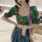 Square-neck Printed Puff-sleeve Cropped Top Green - One Size
