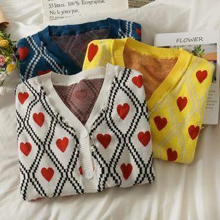 Heart-print Argyle Loose Cardigan
