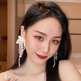 Bow Fabric Faux Pearl Fringed Earring
