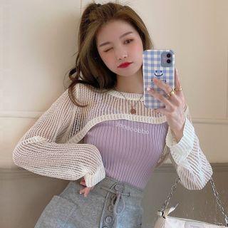 Letter Embroidered Knit Cropped Camisole Top / Long-sleeve Shrug