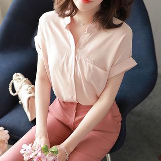 Open-placket Cap-sleeve Chiffon Blouse