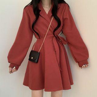 Long-sleeve Open-collar Tie-waist Mini A-line Dress