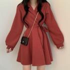 Long-sleeve Open-collar Tie-waist Mini A-line Dress