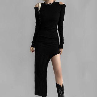 Long-sleeve Cold-shoulder Asymmetrical Hem Midi Bodycon Dress