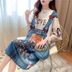 Printed Elbow-sleeve Midi T-shirt Dress White - One Size