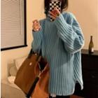 Turtleneck Ribbed Knit Sweater Blue - One Size