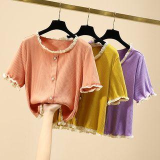 Short-sleeve Frill Trim Ribbed Top