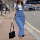 Wide Strap Denim Slit-back Midi Jumper Skirt