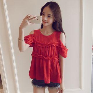 Frill Trim Cut Out Shoulder Short Sleeve Blouse