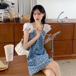 Eyelet Panel Floral Mini A-line Dress As Shown In Figure - One Size