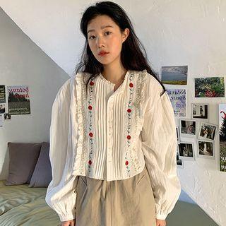 Puff-sleeve Ruffle Trim Flower Embroidered Blouse