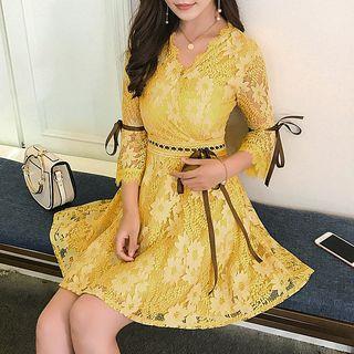 3/4-sleeve Lace Panel A-line Mini Dress