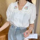Puff-sleeve Floral Embroidered Blouse Embroidered - White - One Size