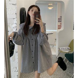 Long-sleeve Gingham Check Mini Dress