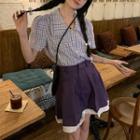 Puff-sleeve Plaid Shirt / Mini A-line Skirt