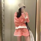 Set: Striped Long-sleeve Loose-fit Pullover + Shorts