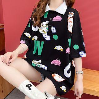 Elbow-sleeve Polo Neck Mini T-shirt Dress