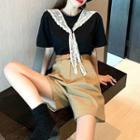 Set: Short Sleeve Lace-up T-shirt + A-line Shorts