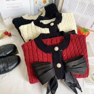 Sequined Ribbon-accent Colorblock Cardigan