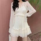 Mock Two-piece Long-sleeve Lace Playsuit As Shown In Figure - One Size