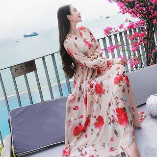 Floral V-neck Gather-waist Chiffon Dress
