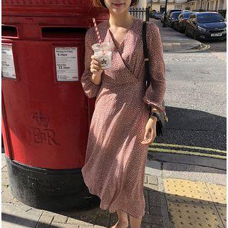 Floral Long-sleeve Midi Dress Red - One Size