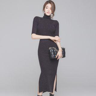 Turtleneck Short-sleeve Knit Midi Sheath Dress