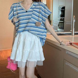 Short-sleeve Striped T-shirt / Ruffle Mesh Panel Mini A-line Skirt