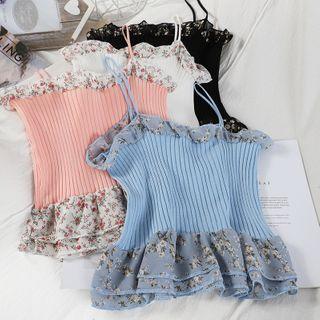 Floral Print Chiffon Panel Rib Knit Camisole Top