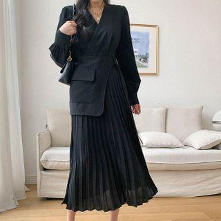 Buckled-waist Pleated Dress