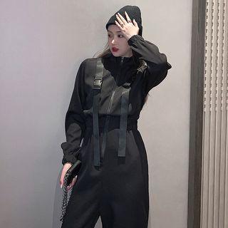 Puff-sleeve Buckled Zip-up Jumpsuit