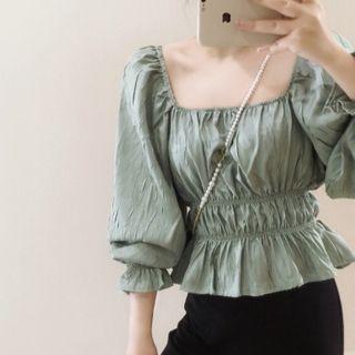 Square-neck Balloon-sleeve Shirred Blouse