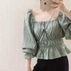 Square-neck Balloon-sleeve Shirred Blouse