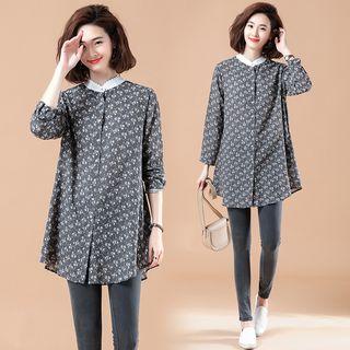 Long-sleeve Stand Collar Floral Shirt Dress