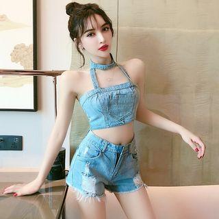 Set: Halter-neck Denim Cropped Top + Ripped Denim Hot Pants