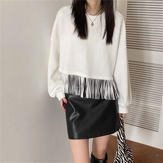 Long-sleeve Plain Tasseled Hem Sweatshirt