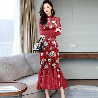 Mesh-sleeve Godet Midi Sheath Velvet Dress