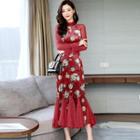 Mesh-sleeve Godet Midi Sheath Velvet Dress