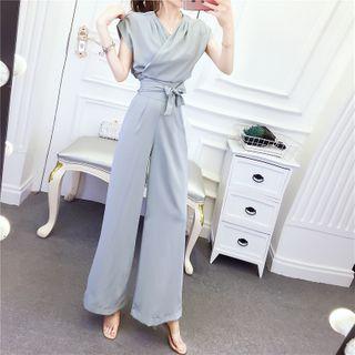 Set: Sleeveless V-neck Tie-strap Crop Top + Wide-leg Pants
