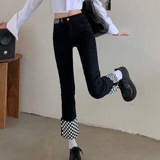 Checkerboard Panel Cropped Bootcut Jeans