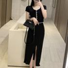 Short-sleeve Contrast Trim Cardigan / Midi A-line Skirt