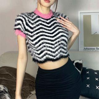 Short-sleeve Striped Fringed Crop Knit Top