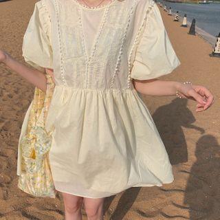 Short-sleeve Embroidered Midi A-line Dress Light Yellow - One Size