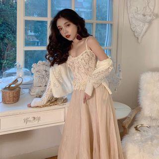 Lace Camisole Top / Pointelle Knit Cardigan / Midi A-line Skirt