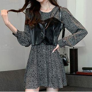 Set: Long-sleeve Floral Print Mini A Line Dress + Spaghetti Strap Top