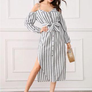 Cold-shoulder Striped Midi Shift Dress