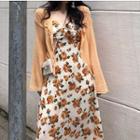 Knit Cardigan / Floral Print Sleeveless Dress