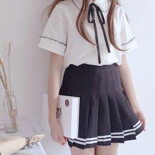 Tie-neck Short-sleeve Shirt / Pleated Mini A-line Skirt