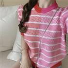Pattern Short-sleeve Knit Top As Figure - One Size
