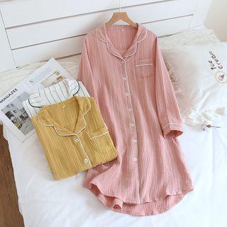 Long-sleeve Striped Button-up Sleep Dress